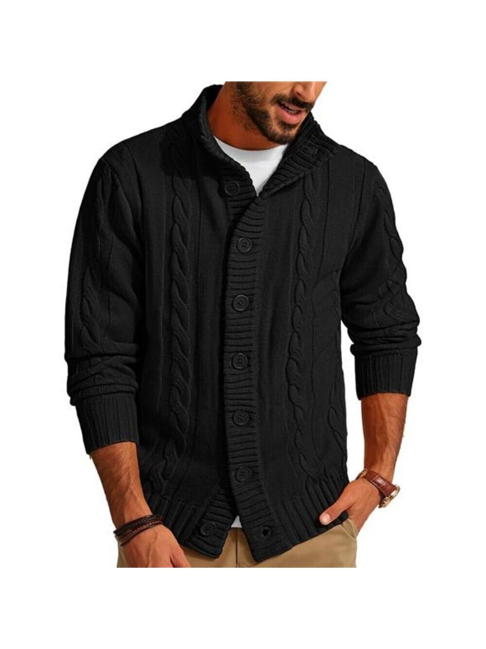 Mens Cardigan Sweater Stand Collar Cable Knit Button Down Black Winter